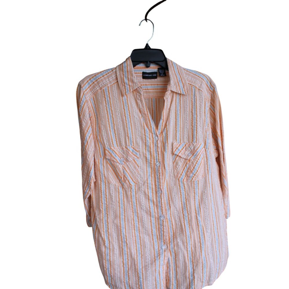 Company One Cotton Striped Blouse Orange XL 92576 3/4 Sleeve Roll Tab